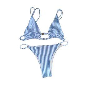Blue & White Striped Triangle Bikini Large Two Piece Swimsuit Bathing Suit‎ Cute